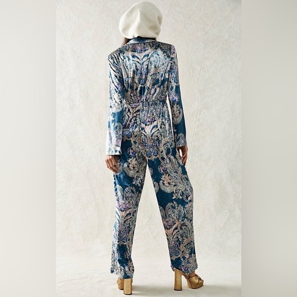 Free People Delphine Velvet Jumpsuit Printed Blue Wide Leg One Piece - Picture 2 of 6